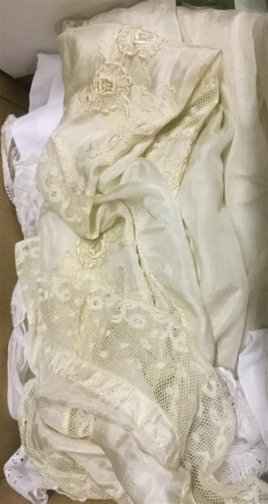 Silk christening gown, anglaise gown, dress, early bonnets etc